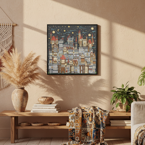 Medieval Castle Line Art Multicolor Framed Canvas Wall Art