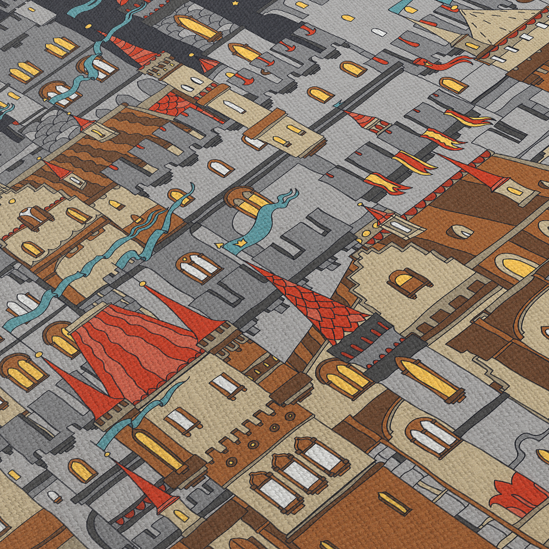 Medieval Castle Line Art Multicolor Framed Canvas Wall Art