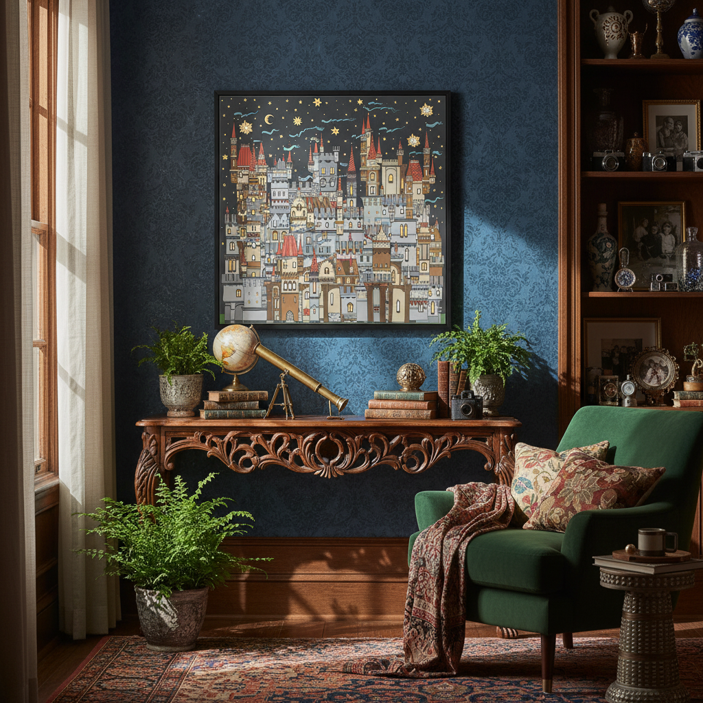 Medieval Castle Line Art Multicolor Framed Canvas Wall Art