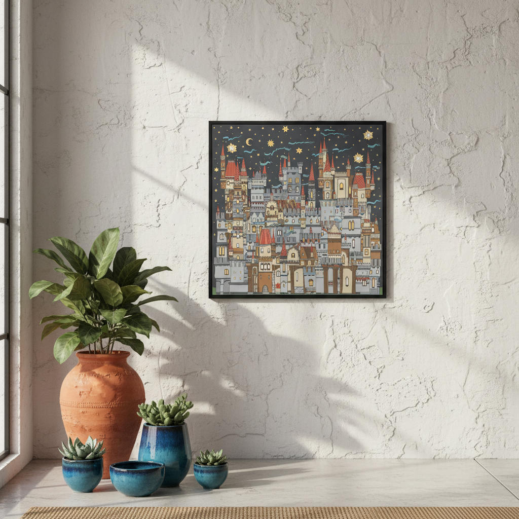 Medieval Castle Line Art Multicolor Framed Canvas Wall Art