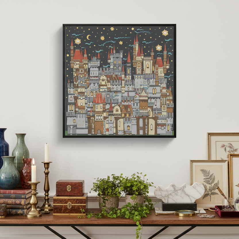 Illustration of a castle at night with stars and moons on a dark gray background.