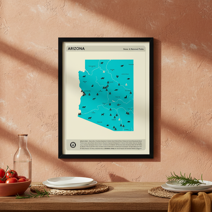 Framed map of Arizona on a wall above a table with decor items.