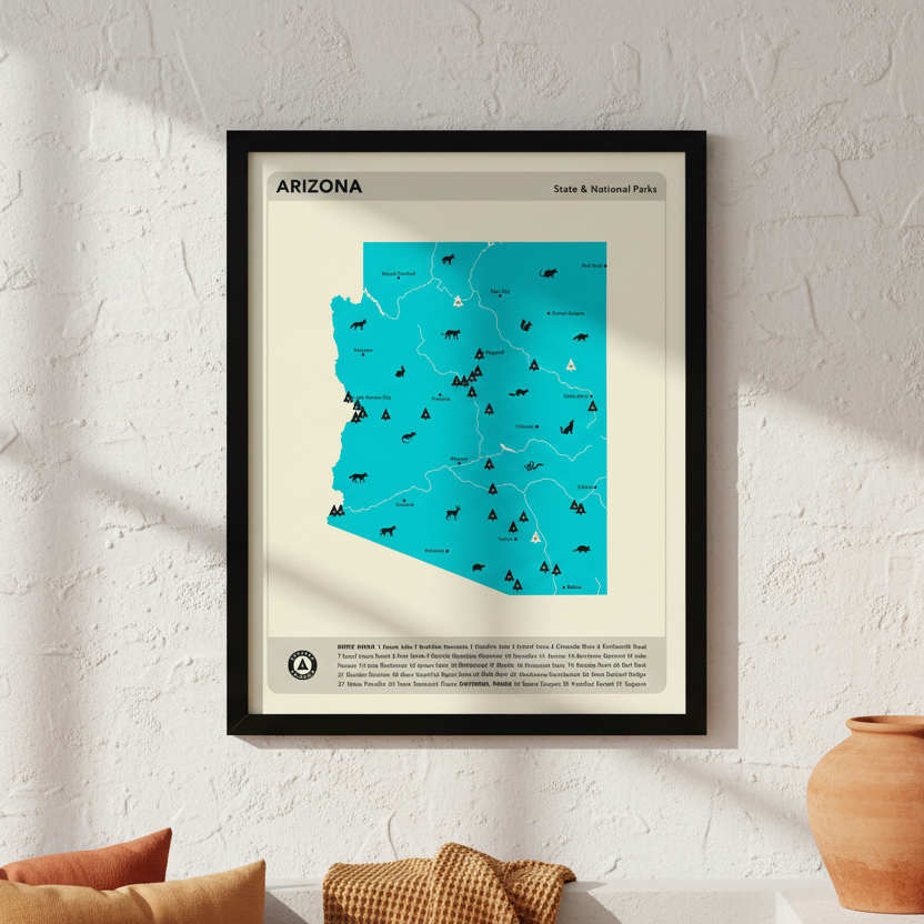 Map of Arizona with state and national parks on a beige background.