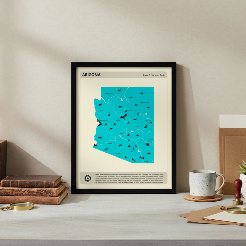 Map of Arizona with state and national parks on a beige background.