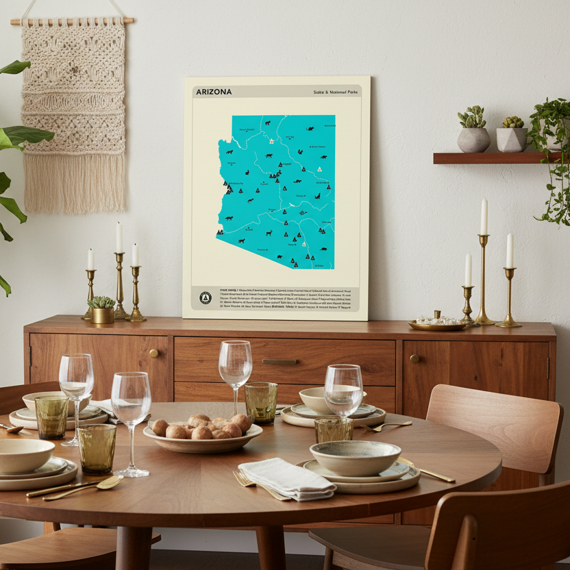 Map of Arizona with state and national parks on a beige background.