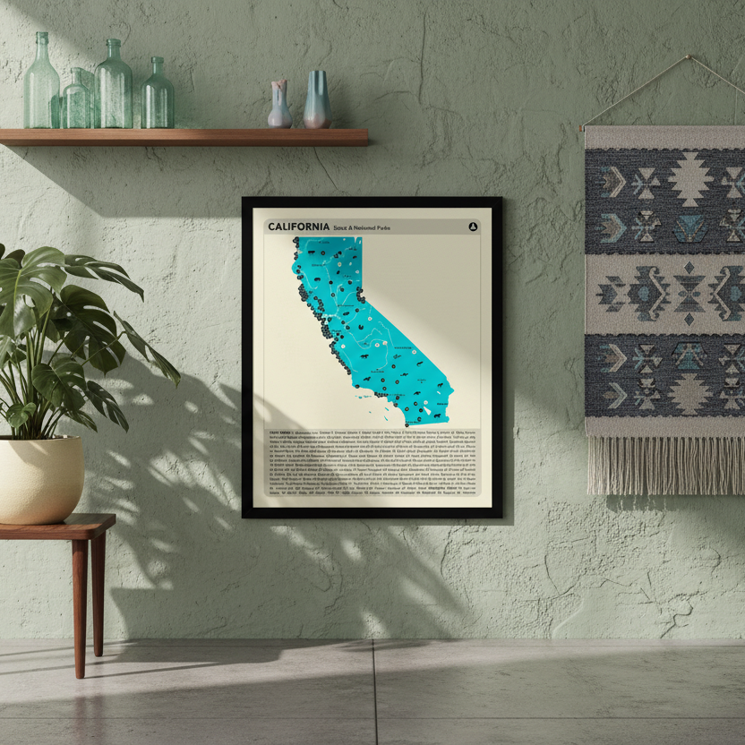 Framed map of California on a wall with decorative elements like a plant and rug.
