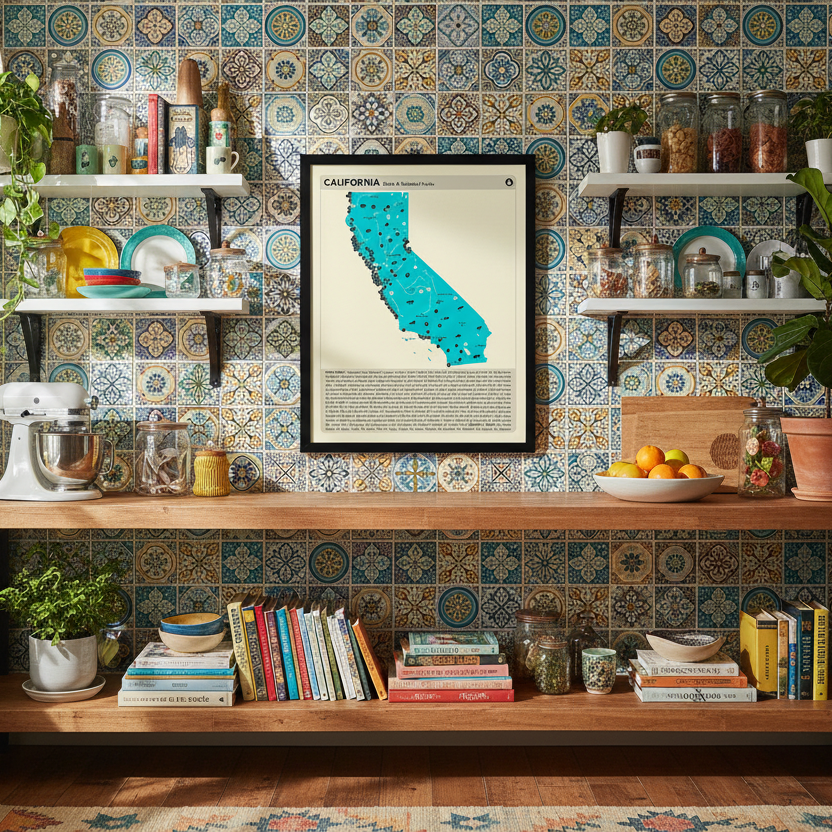 Kitchen with colorful tile backsplash, shelves with books and decor, and a framed map of California.