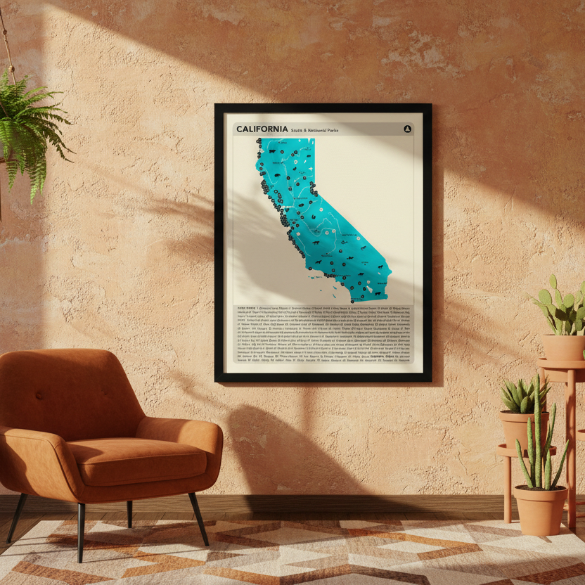 Framed map of California on a wall with a brown armchair and plants in the foreground.