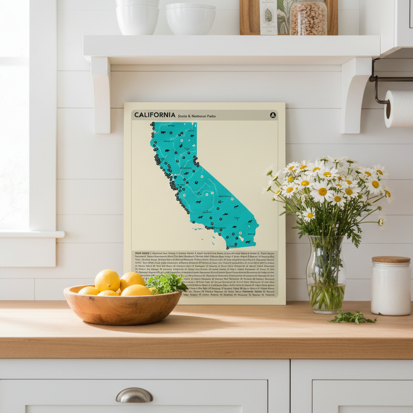 Map of California state and national parks on a beige background.