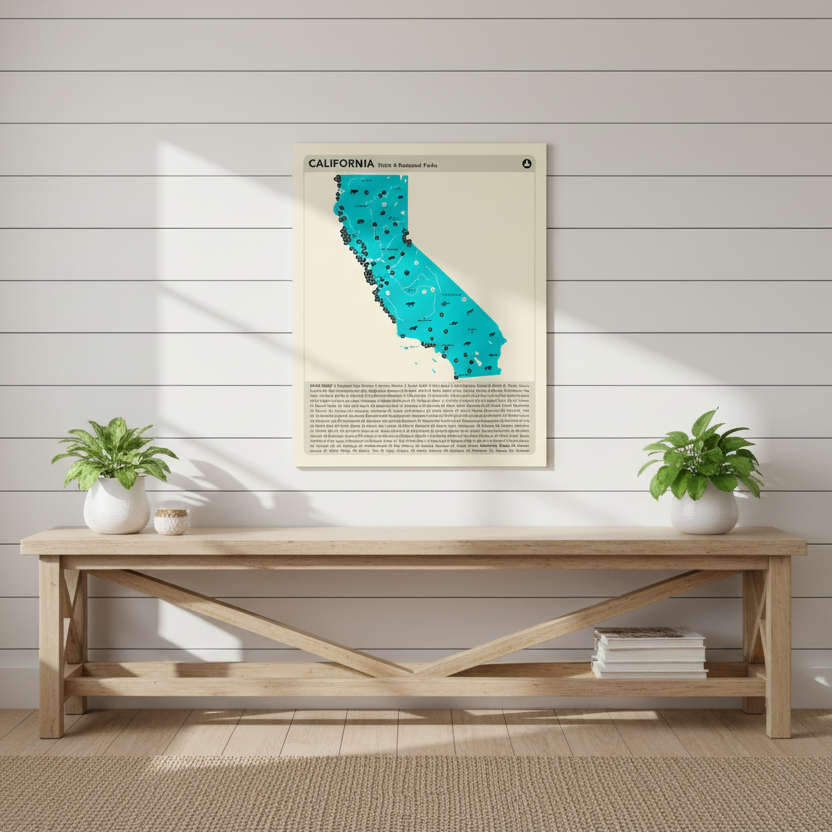 Framed map of California on a wall above a wooden bench with plants on either side.