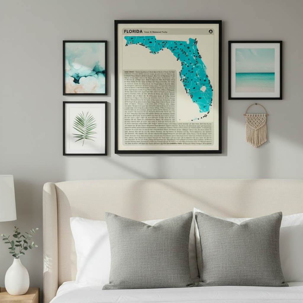 Map of Florida with state and national parks on a bedroom wall.