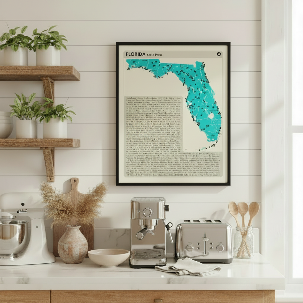 Map of Florida's state and national parks on a kitchen wall.