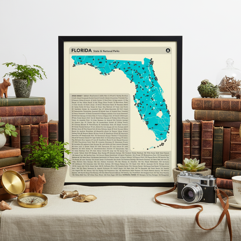 Map of Florida with state and national parks on a beige background.