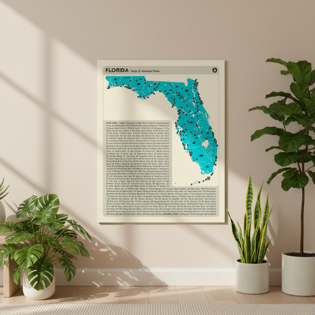Framed map of Florida state and national parks on a wall with a beige background.