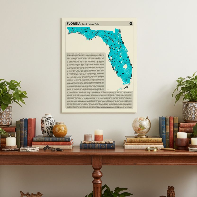 Map of Florida State and National Parks with blue and black design on a beige background.