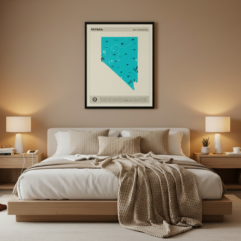 Modern bedroom with a bed, nightstands, and a framed Nevada state and national parks map on the wall.