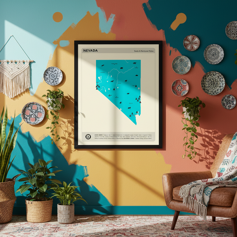 Framed map of Nevada with state and national parks on a beige background.