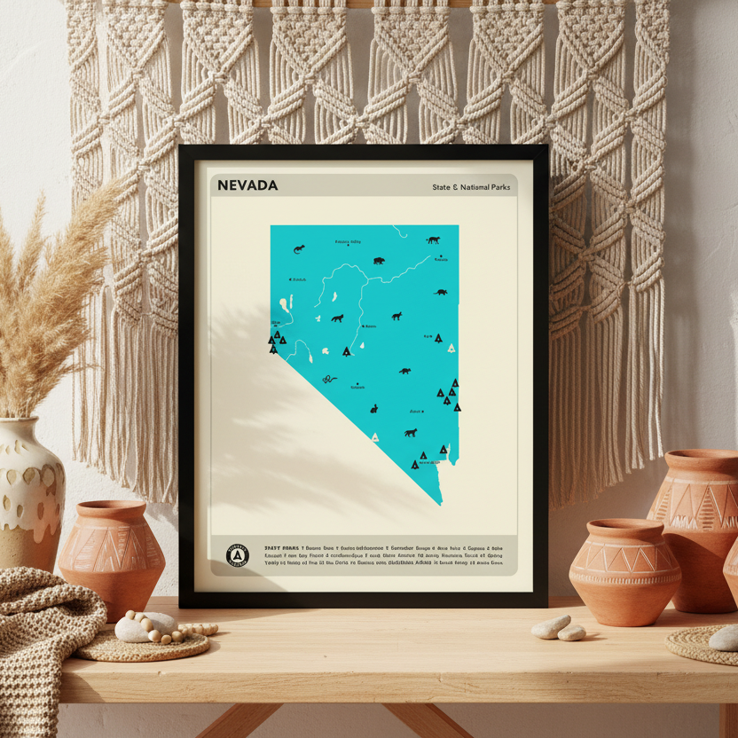 Framed print of a map showcasing the state and national parks in Nevada, with a predominantly teal color for the parks, displayed on a white background.