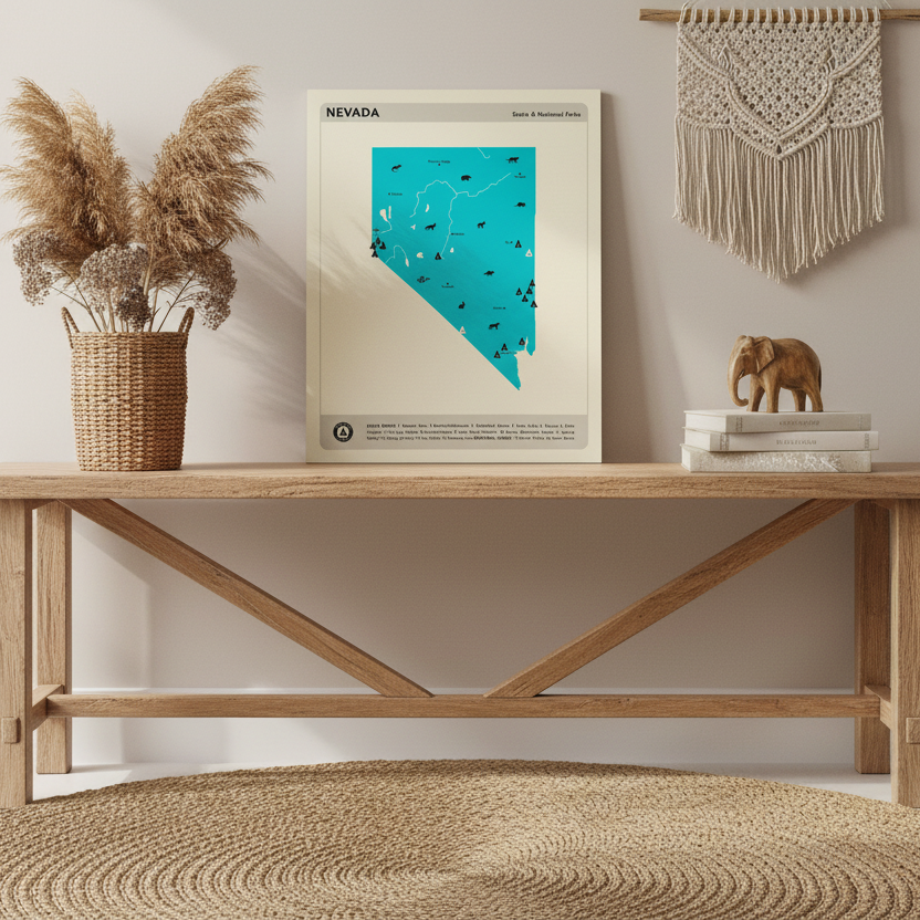 Map of Nevada with national parks highlighted on a beige background.