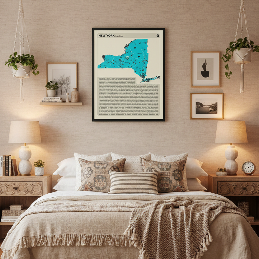 Cozy bedroom with a bed, nightstands, and wall art including a map of New York.