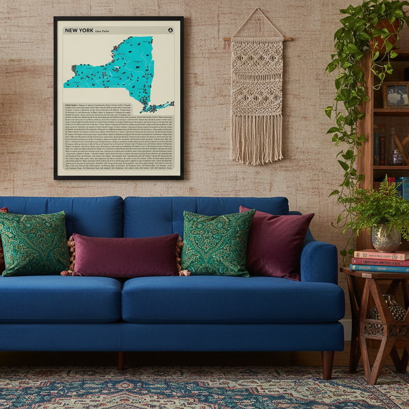 Blue sofa with colorful pillows in a living room setting, featuring a framed map of New York state and national parks on the wall.