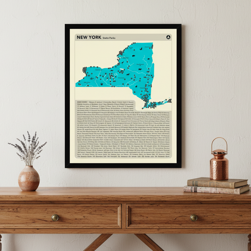 Map of New York State Parks with a black frame.