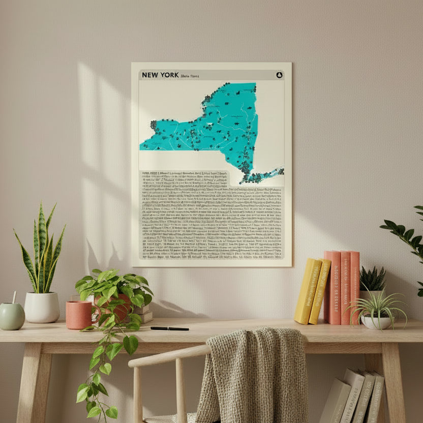 Framed map of New York on a wall above a wooden desk with decor items.