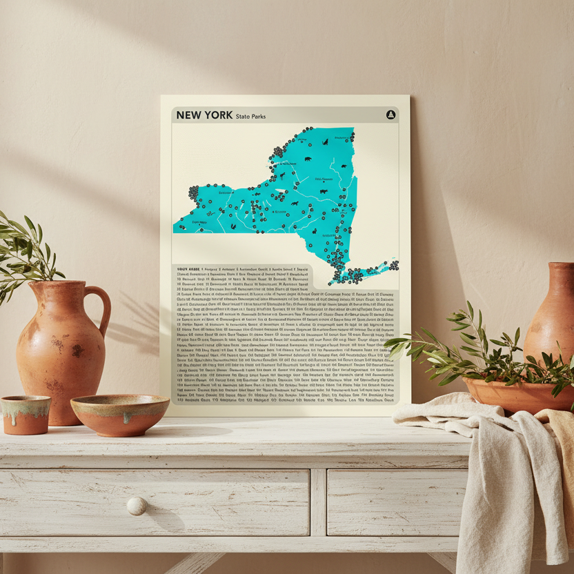 Map of New York State Parks with a beige background