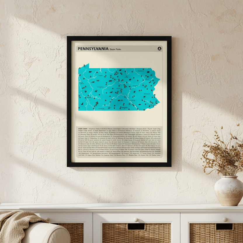 Map of Pennsylvania State Parks with a black frame in a cottage-style home.