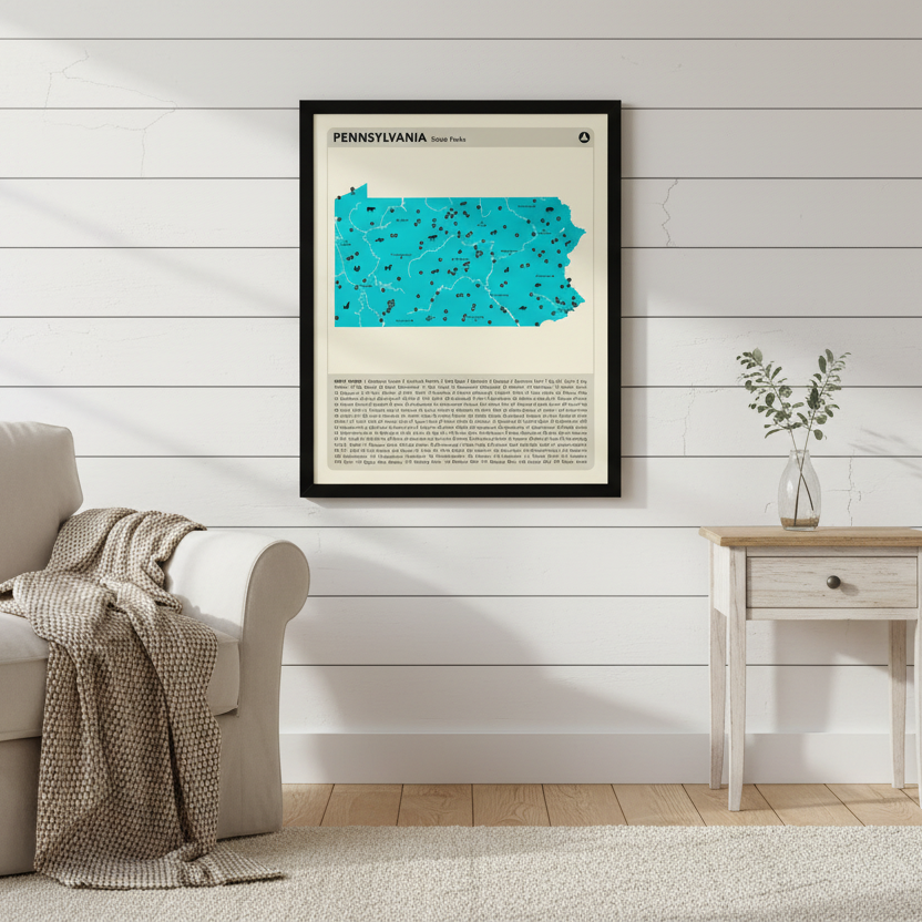 Map of Pennsylvania State Parks with a black frame in a farmhouse living room.