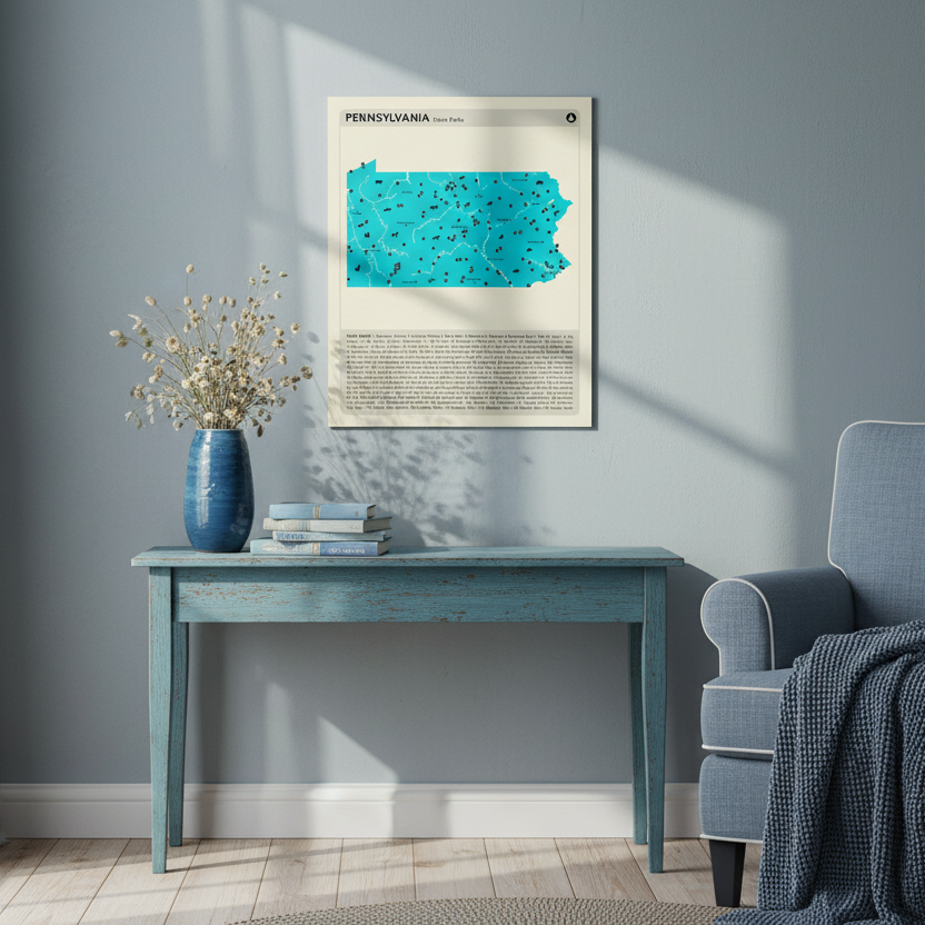 Map of Pennsylvania state parks with a blue outline on a beige background in a blue cottage sitting room.