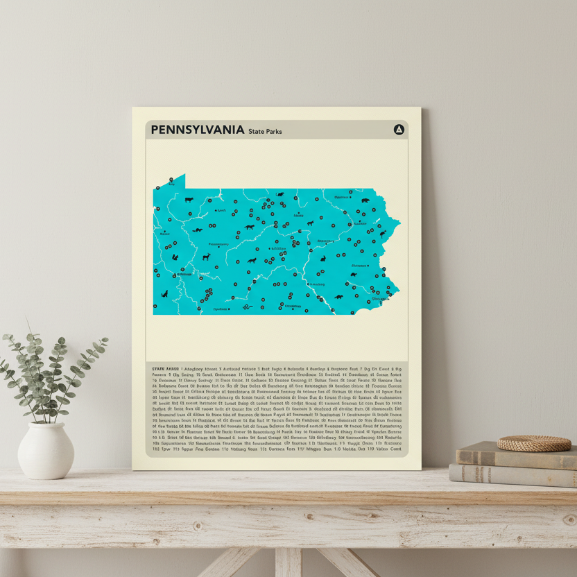 Map of Pennsylvania state parks with a blue outline on a beige background.