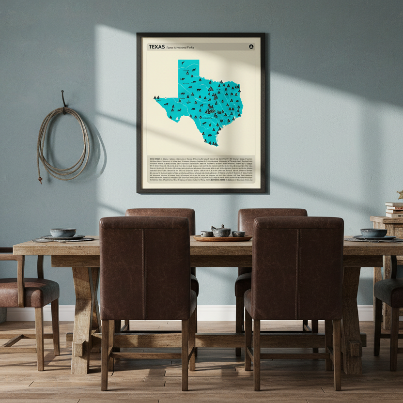 Map of Texas with state and national parks on a beige background.