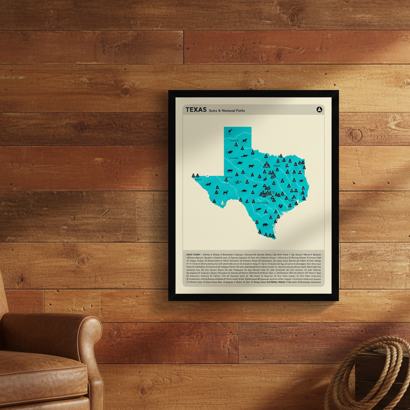 Map of Texas with state and national parks on a beige background.