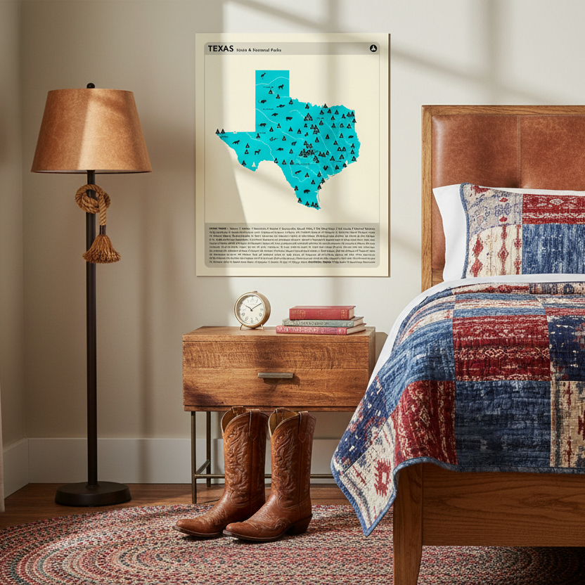 Map of Texas with state and national parks on a beige background.