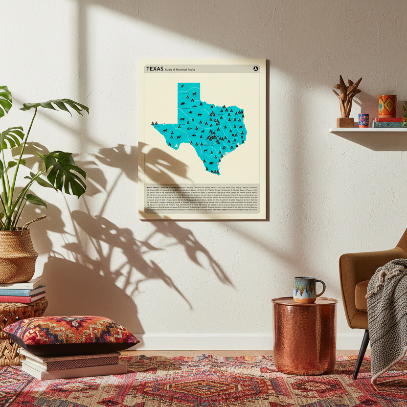 Map of Texas with state and national parks on a beige background on wall in an eclectic living room.