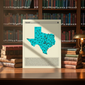 Map of Texas with state and national parks on a beige background in a library setting.