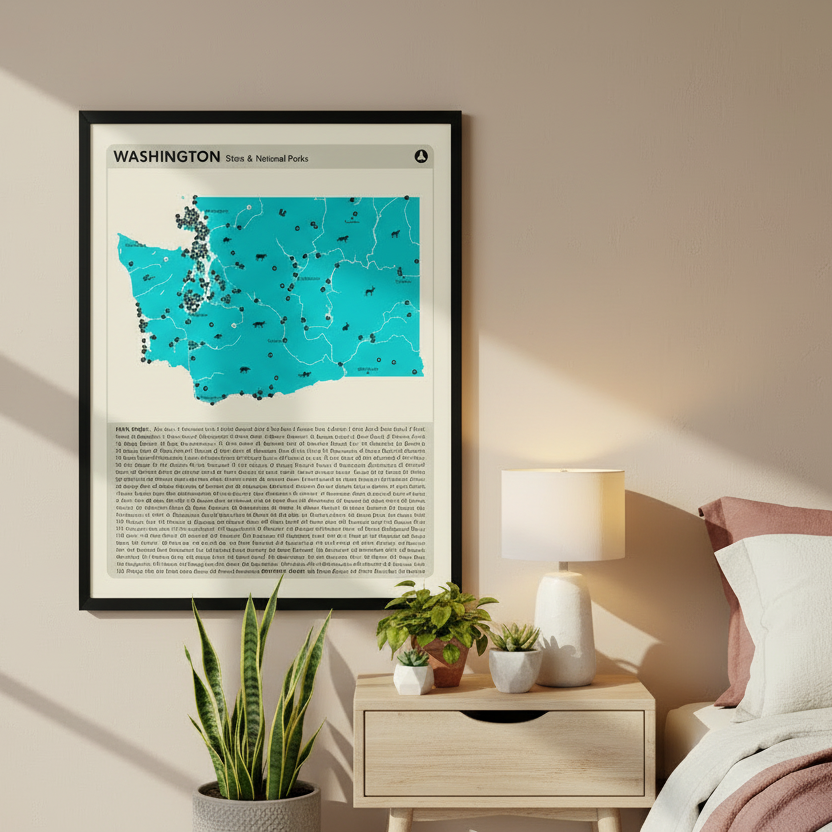 Framed map of Washington state on a wall above a bed.