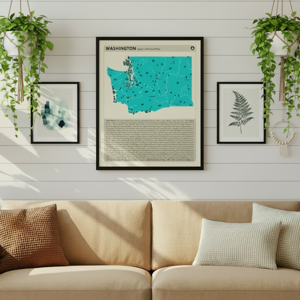 Framed map of Washington state on a wall above a beige sofa with a brown pillow.