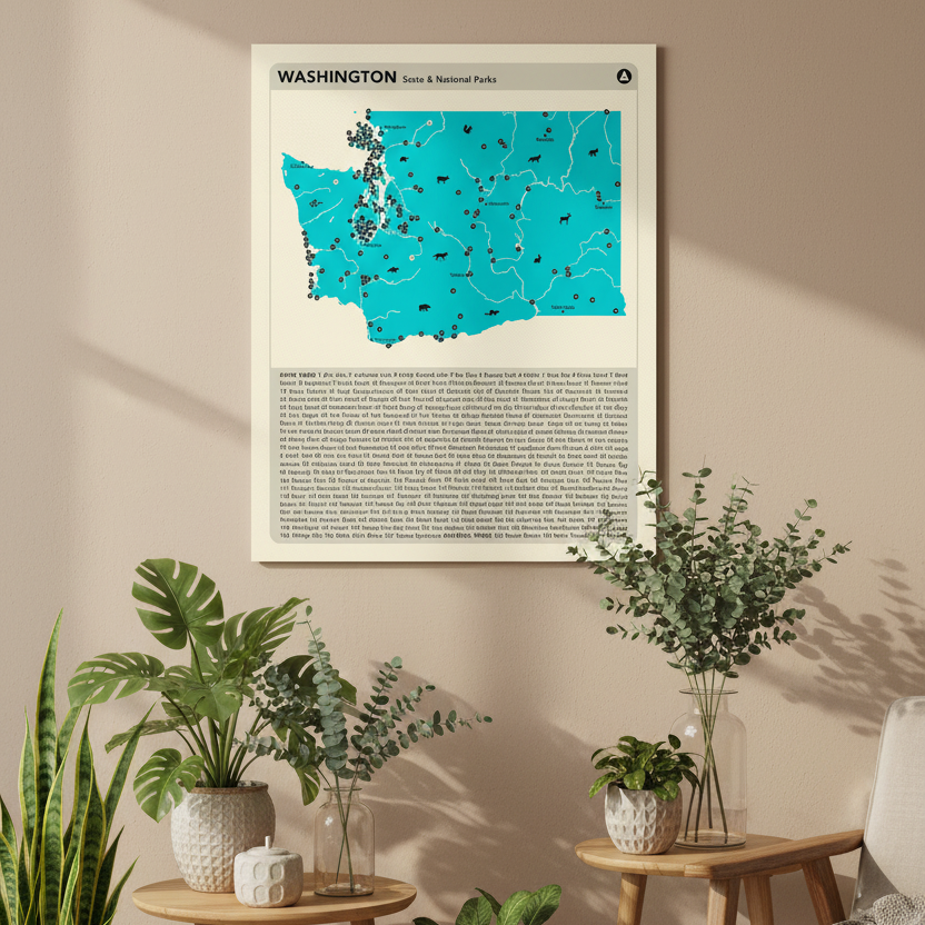 Framed map of Washington state and national parks on a wall with indoor plants and wooden furniture.