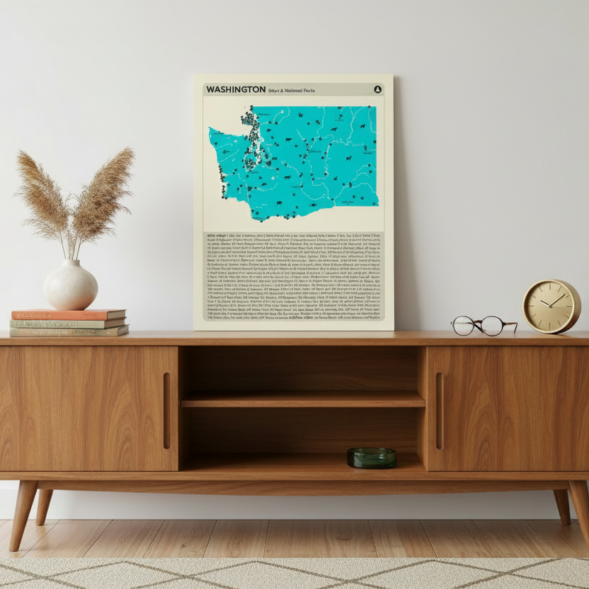 Map of Washington State and National Parks with a beige border on a white background.