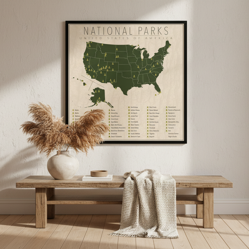 Framed map of US national parks on a wall above a wooden bench with decorative elements.