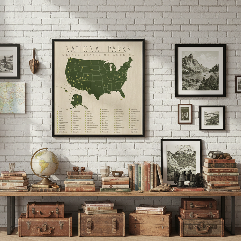 Map of National Parks in the United States on a beige background.