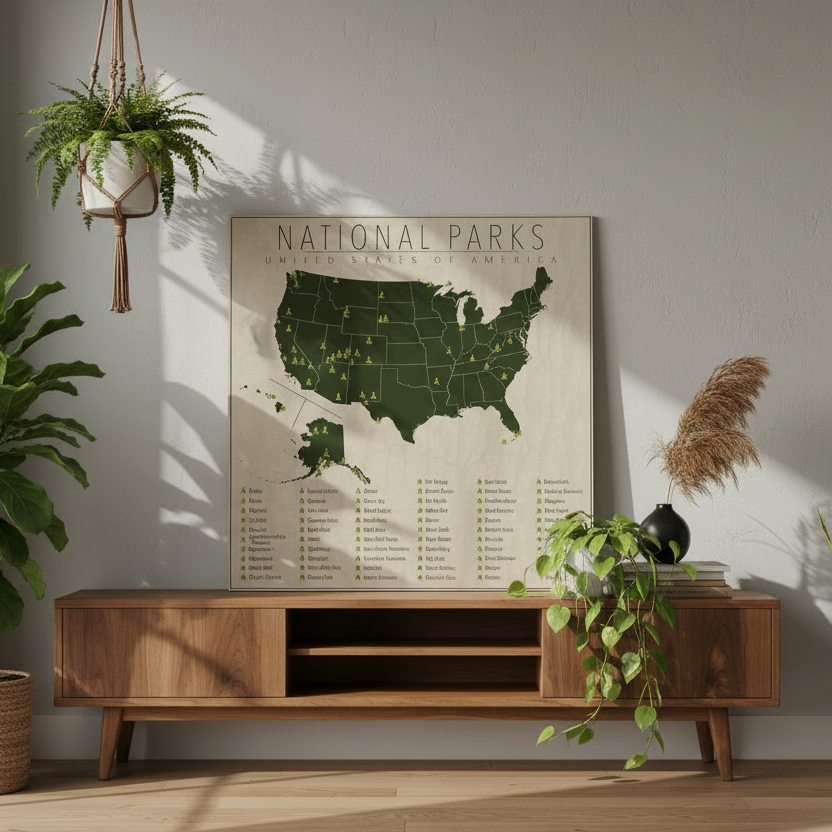 Map of National Parks on a wall above a wooden console table.