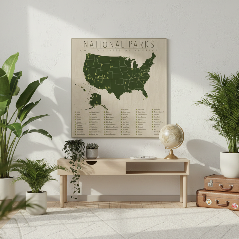 Map of National Parks on a wall in a bedroom.