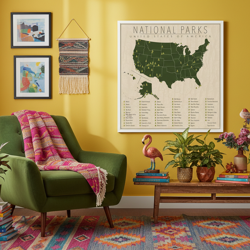 Living room with a green armchair, colorful rug, and wall decor including a map of national parks.