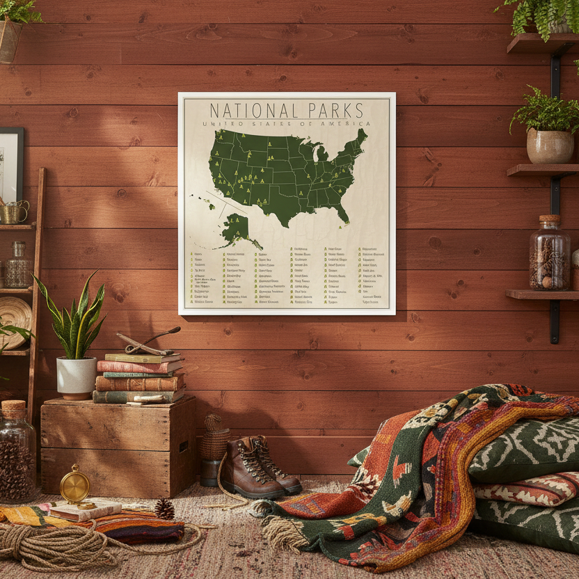 Map of National Parks on a wooden wall with rustic decor.