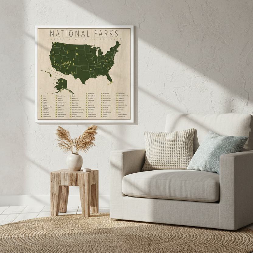 Living room with a map of national parks on the wall.