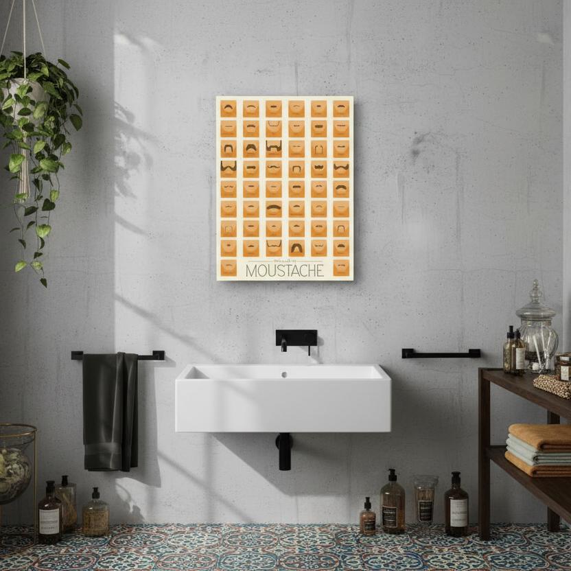 A wall art piece featuring multiple orange square tiles with various moustache designs inside them.