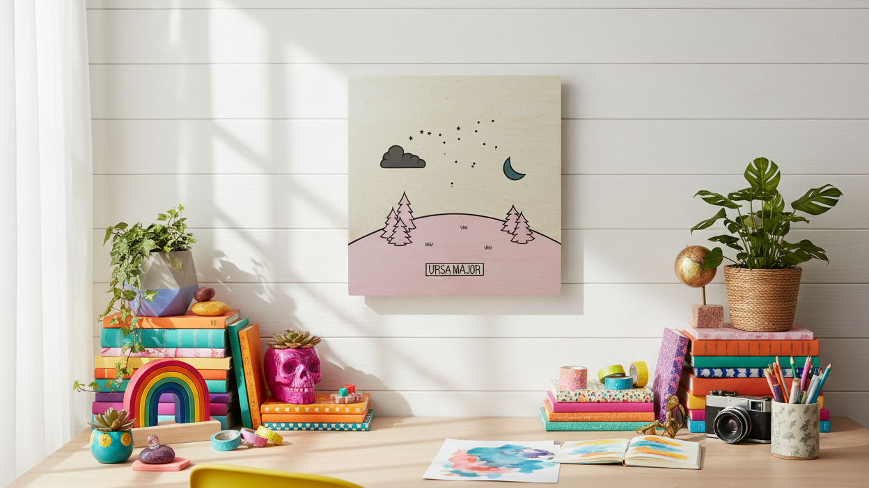 Colorful desk setup with a Ursa Major art print, books, and decorative items in a bright room.